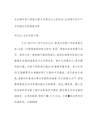 在全镇年轻干部能力提升专题会议上的讲话_在淬炼与实干中书写新时代的青春华章