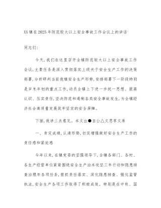 XX镇在2025年防范较大以上安全事故工作会议上的讲话