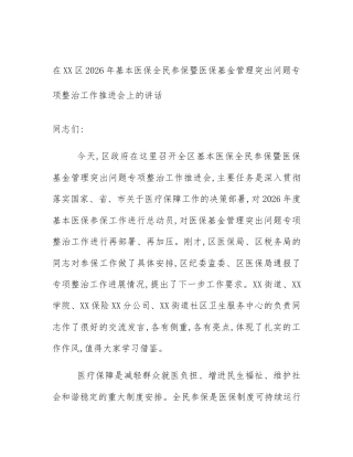 在XX区2026年基本医保全民参保暨医保基金管理突出问题专项整治工作推进会上的讲话