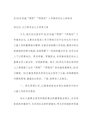 在XX区实施“两纲”“两规划”工作推进会议上的讲话