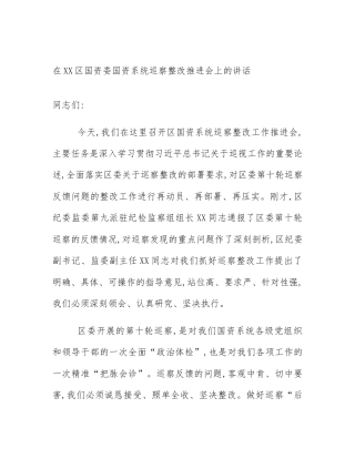 在XX区国资委国资系统巡察整改推进会上的讲话
