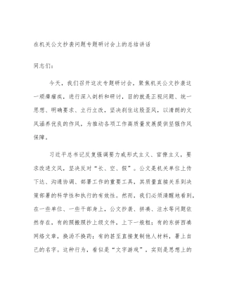 在机关公文抄袭问题专题研讨会上的总结讲话