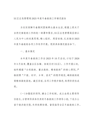 XX区应急管理局2025年度冬春救助工作情况报告