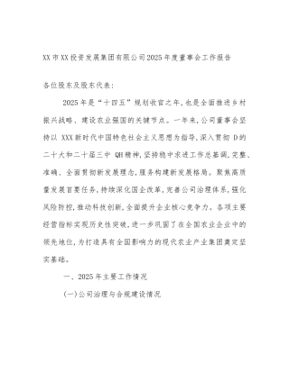 XX市XX投资发展集团有限公司2025年度董事会工作报告