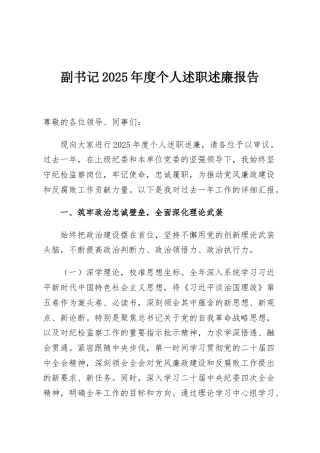 副书记2025年度个人述职述廉报告