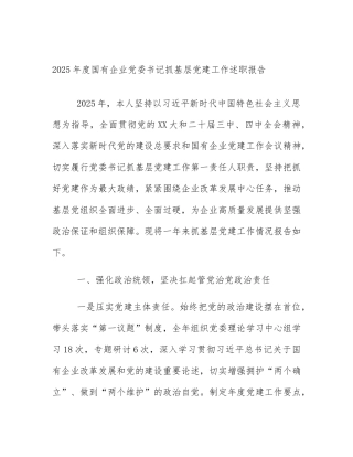 2025年度国有企业党委书记抓基层党建工作述职报告