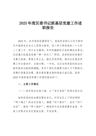 2025年度区委书记抓基层党建工作述职报告