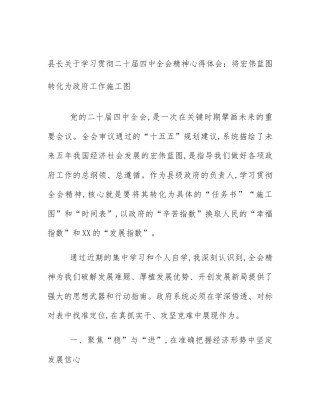 县长关于学习贯彻二十届四中全会精神心得体会：将宏伟蓝图转化为政府工作施工图