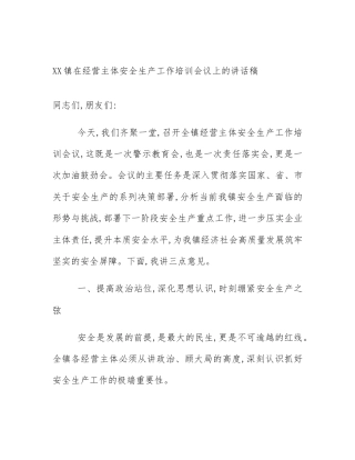 XX镇在经营主体安全生产工作培训会议上的讲话稿