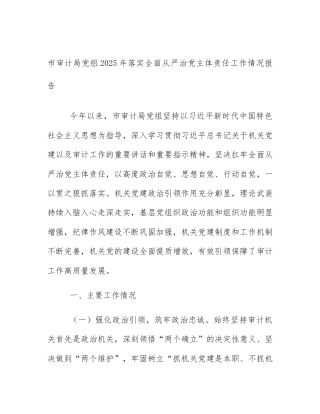 市审计局党组2025年落实全面从严治党主体责任工作情况报告
