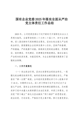 国有企业党委2025年落实全面从严治党主体责任工作总结