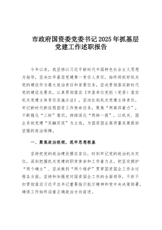市政府国资委党委书记2025年抓基层党建工作述职报告