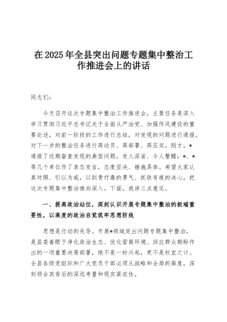 在2025年全县突出问题专题集中整治工作推进会上的讲话