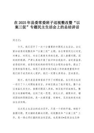 在2025年县委常委班子巡视整改暨“以案三促”专题民主生活会上的总结讲话