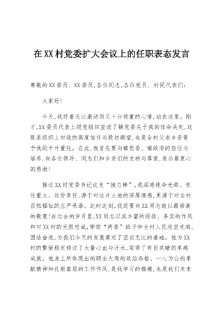 在XX村党委扩大会议上的任职表态发言