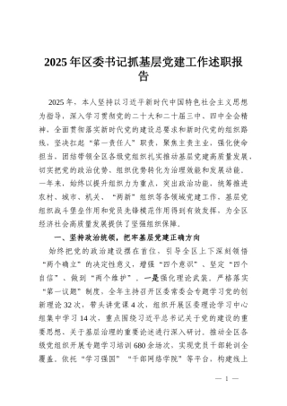 2025年区委书记抓基层党建工作述职报告