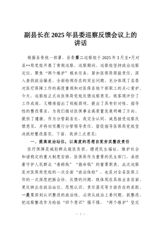 副县长在2025年县委巡察反馈会议上的讲话