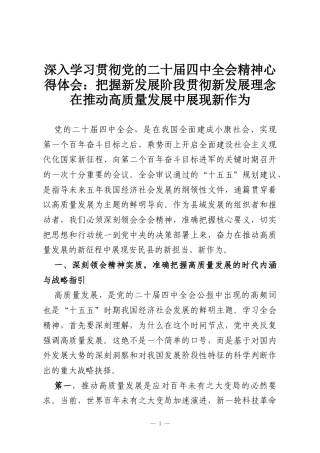 深入学习贯彻党的二十届四中全会精神心得体会：把握新发展阶段贯彻新发展理念在推动高质量发展中展现新作为