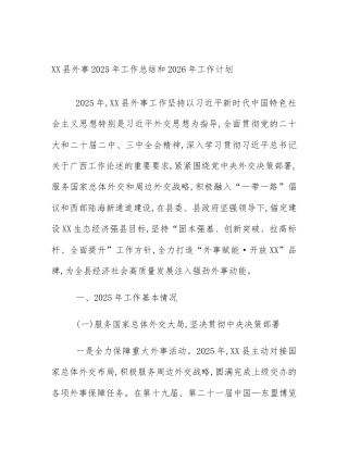 XX县外事2025年工作总结和2026年工作计划