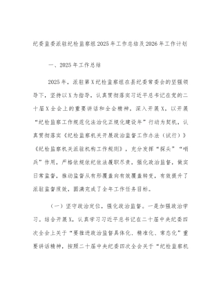 纪委监委派驻纪检监察组2025年工作总结及2026年工作计划
