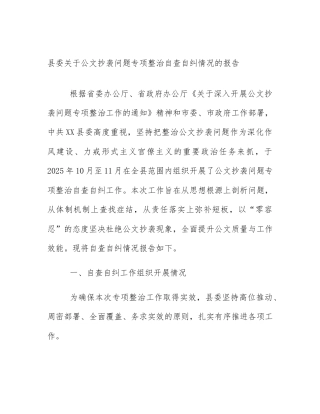 县委关于公文抄袭问题专项整治自查自纠情况的报告