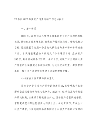 XX单位2025年度资产清查专项工作总结报告