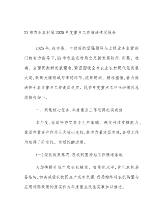 XX市农业农村局2025年度重点工作推进情况报告