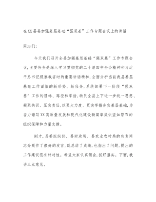 在XX县委加强基层基础“强双基”工作专题会议上的讲话