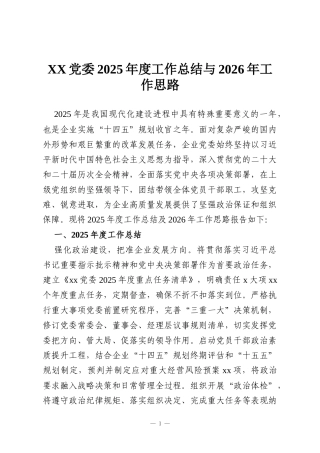 XX党委2025年度工作总结与2026年工作思路