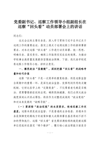 党委副书记、巡察工作领导小组副组长在巡察“回头看”动员部署会上的讲话