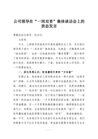 公司领导在“一岗双责”集体谈话会上的表态发言