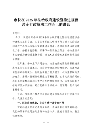 市长在2025年法治政府建设暨推进规范涉企行政执法工作会上的讲话