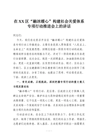 在XX区“融冰暖心”构建社会关爱体系专项行动推进会上的讲话