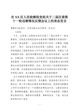 在XX区人民检察院党组关于二届区委第十一轮巡察情况反馈会议上的表态发言