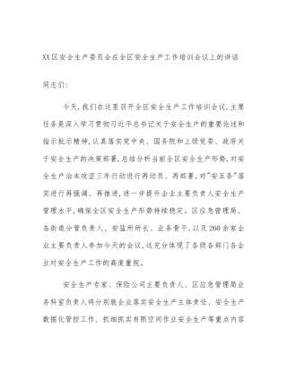 XX区安全生产委员会在全区安全生产工作培训会议上的讲话