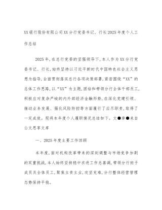 XX银行股份有限公司XX分行党委书记、行长2025年度个人工作总结