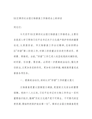 XX区第四次全国文物普查工作推进会上的讲话