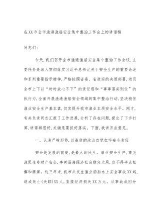 在XX市全市渔港渔船安全集中整治工作会上的讲话稿