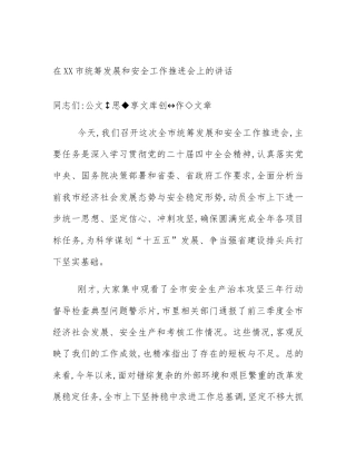 在XX市统筹发展和安全工作推进会上的讲话