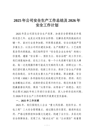 2025年公司安全生产工作总结及2026年安全工作计划