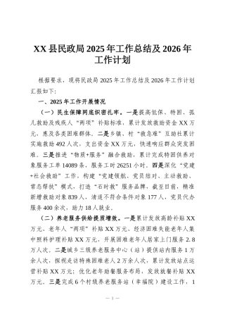 XX县民政局2025年工作总结及2026年工作计划