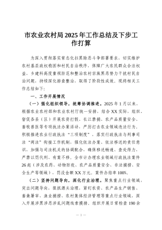 市农业农村局2025年工作总结及下步工作打算