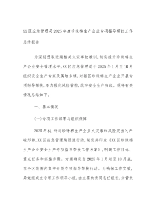 XX区应急管理局2025年度珍珠棉生产企业专项指导帮扶工作总结报告