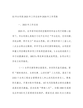 XX市水利局2025年工作总结和2026年工作思路