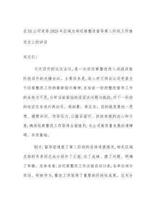 在XX公司党委2025年区域总部巡察整改督导第二阶段工作推进会上的讲话