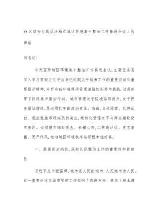 XX区综合行政执法局在城区环境集中整治工作推进会议上的讲话