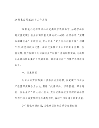 XX热电公司2025年工作总结