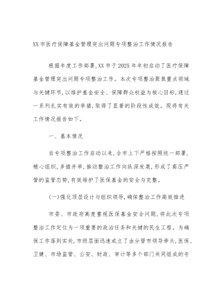 XX市医疗保障基金管理突出问题专项整治工作情况报告
