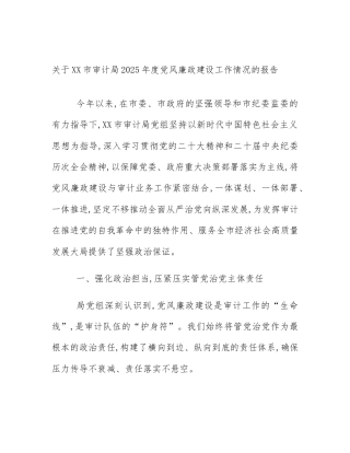 关于XX市审计局2025年度党风廉政建设工作情况的报告