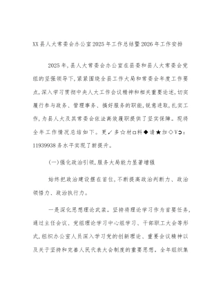 XX县人大常委会办公室2025年工作总结暨2026年工作安排